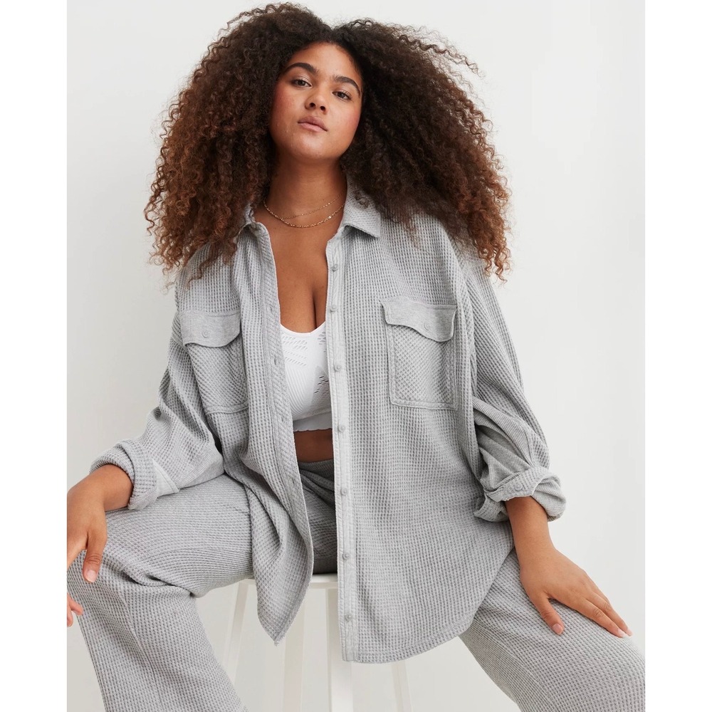 Aerie Gray Lumberjane Oversized Button Down Waffle Knit Shacket Shirt M